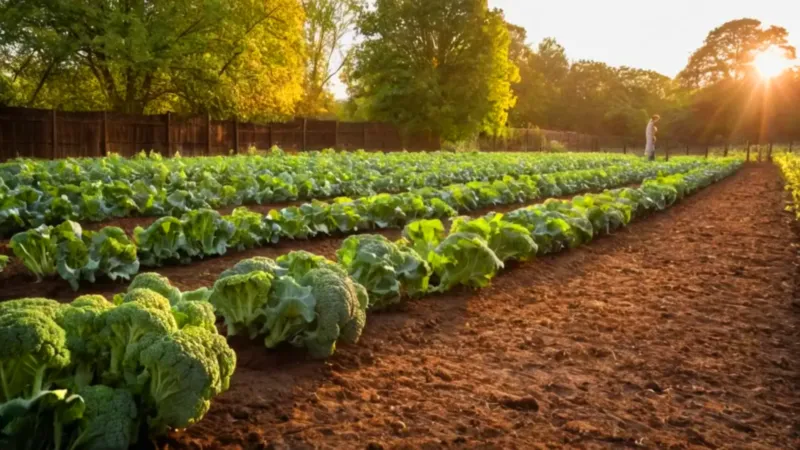 Alguien cosecha brócoli en el huerto