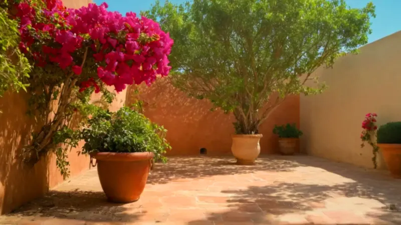 Alguien cuida su buganvilla bajo el sol