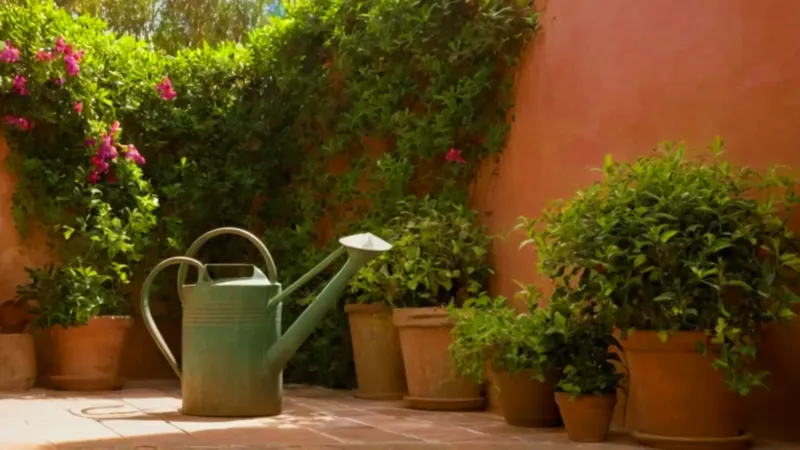 Alguien riega plantas en un patio soleado