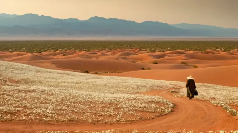 Un hombre contempla una flor en el desierto