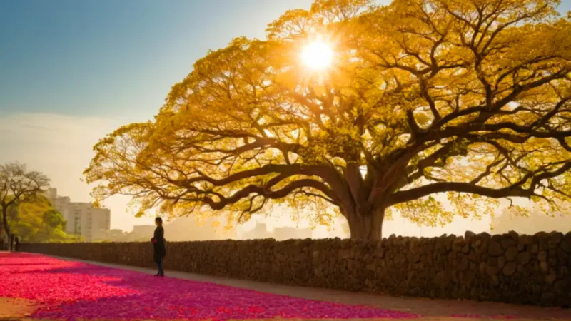 Paseo solitario bajo el araguaney florecido