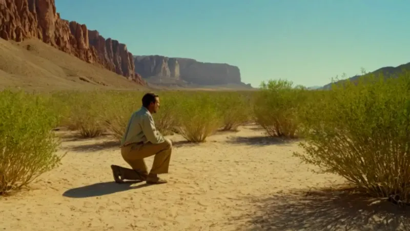 Una figura arrodillada en el desierto