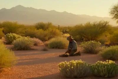 Jardinero trabajando en el árido desierto