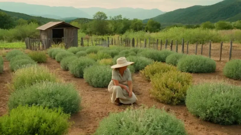 Una figura cultiva plantas bajo el sol