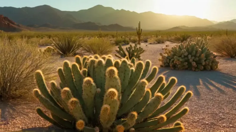 Atardecer desértico con persona entre cactus