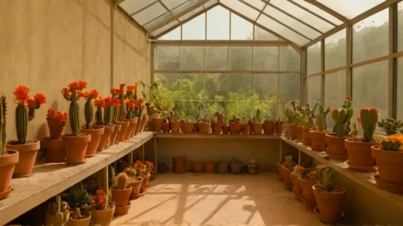 Una persona cuida cactus en un invernadero