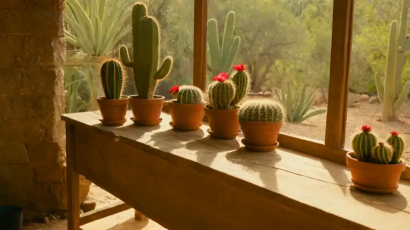 Alguien cuida cactus en un invernadero