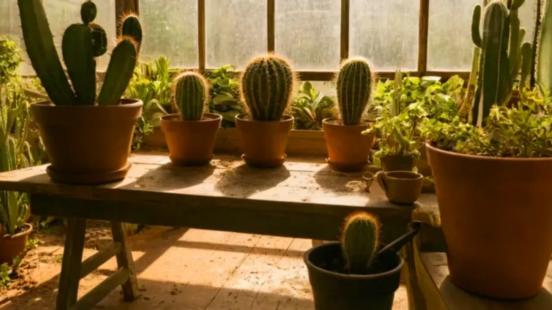 Alguien riega un cactus en el invernadero