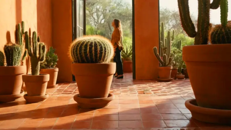 Persona cuida cactus en un invernadero luminoso