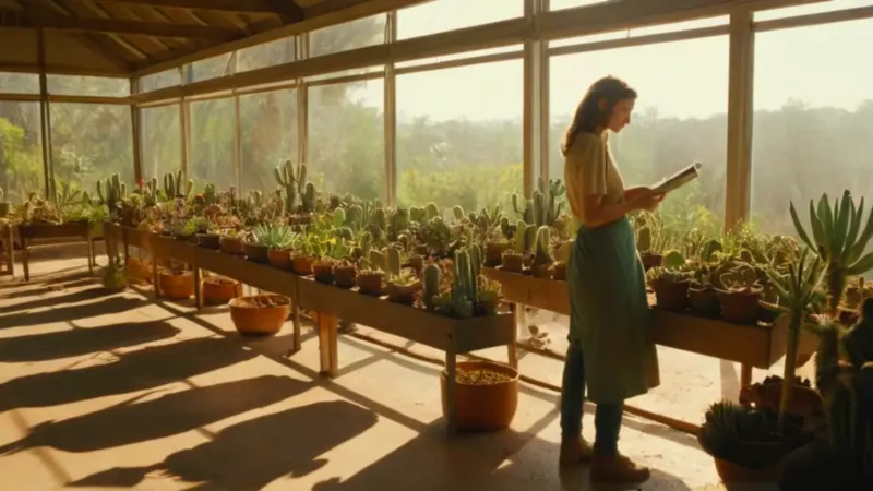 Alguien cuida cactus en un invernadero