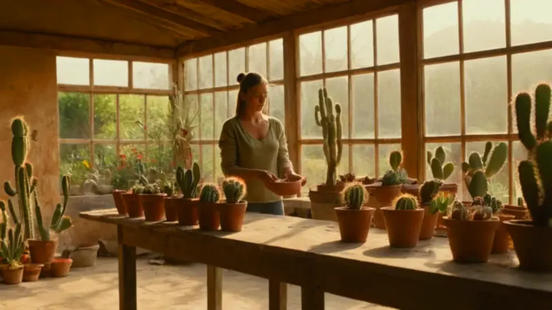 Una mujer cuida plantas en un invernadero