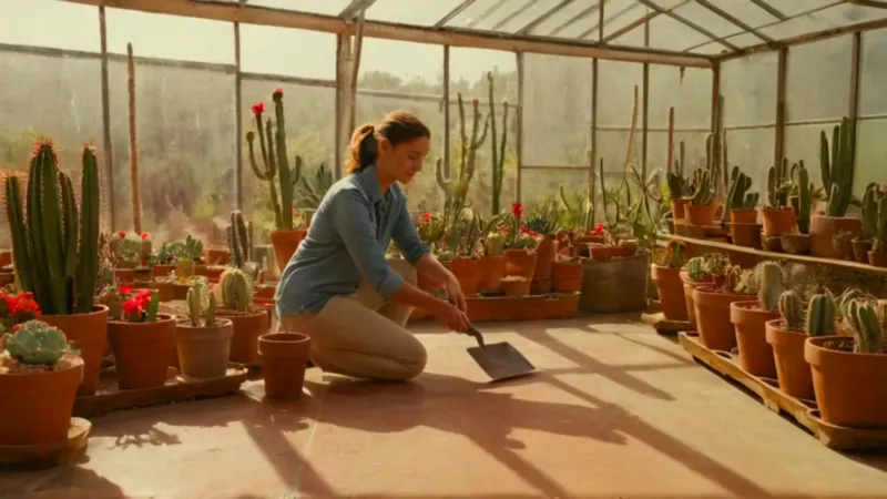 Alguien cuida cactus en un invernadero