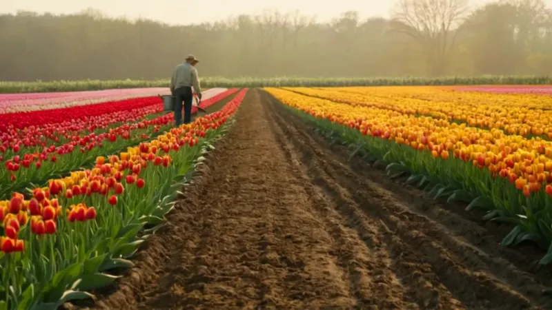 Un jardinero riega un campo de tulipanes