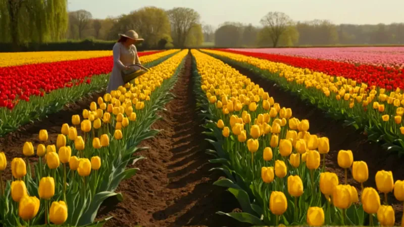 Alguien riega un campo de tulipanes
