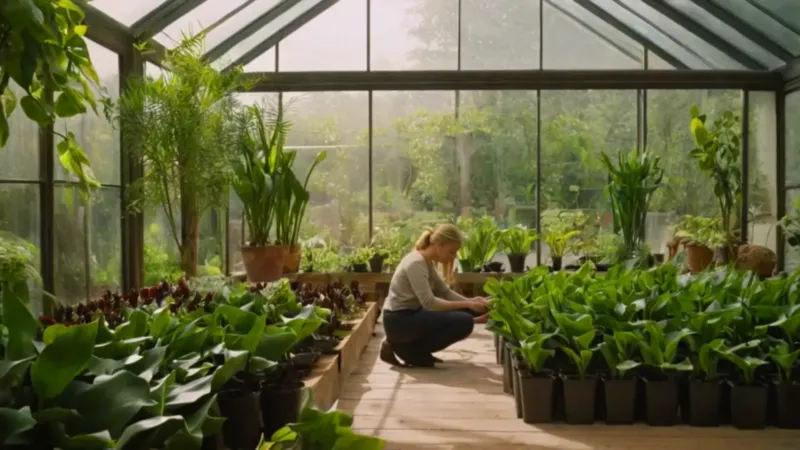 Persona cuida plantas en un invernadero