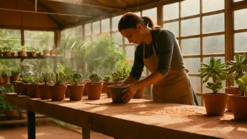 Persona cuidando plantas en un invernadero