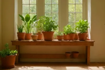 Persona cuida plantas en habitación muy luminosa