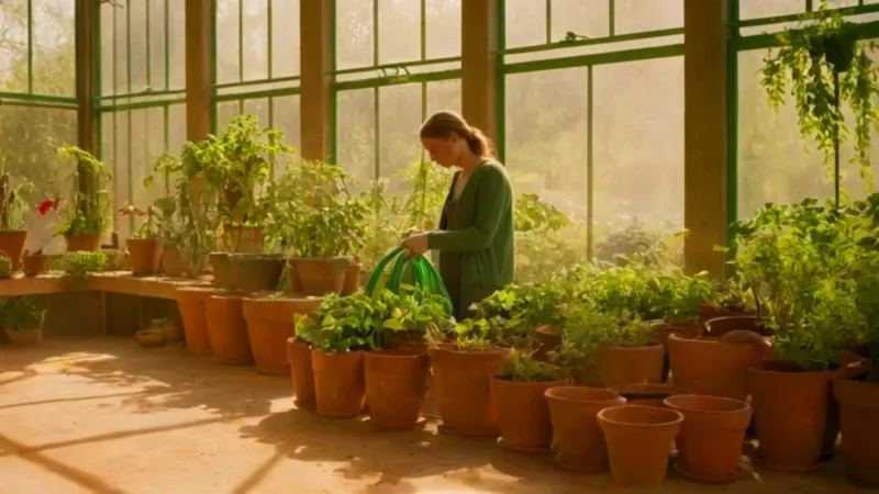 Cuidando plantas en un invernadero luminoso