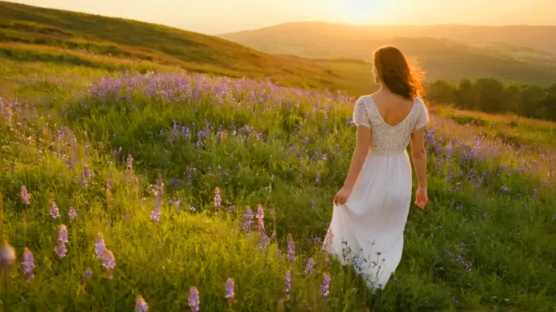 Mujer en un prado florido al atardecer