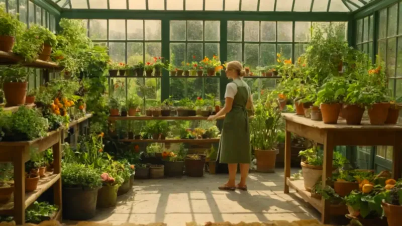 Un jardinero cuida plantas en un invernadero