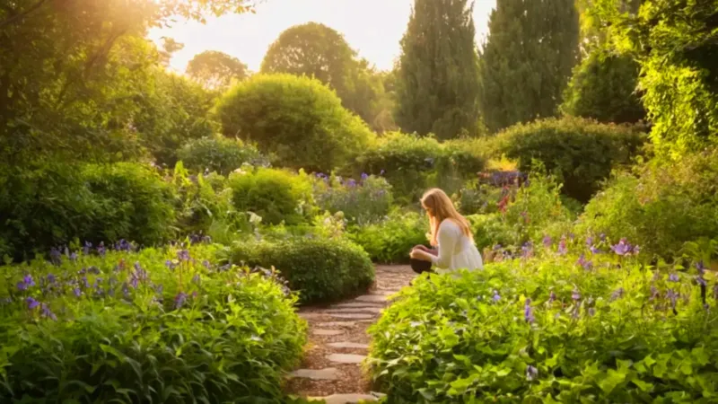 Mujer atendiendo su jardín de flores