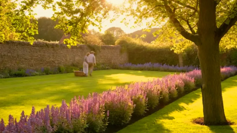 Jardinero cuidando su jardín al atardecer