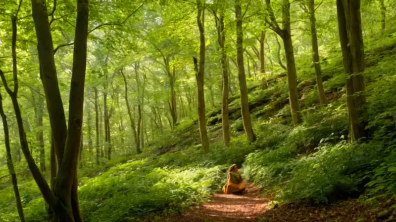 Una figura solitaria en un bosque frondoso