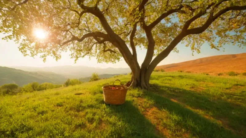Una figura cosecha cerezas bajo el sol
