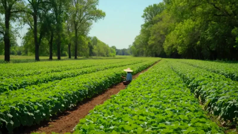 Un agricultor trabaja en un campo soleado