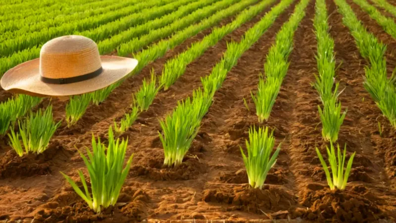 Un campesino labra la tierra al atardecer