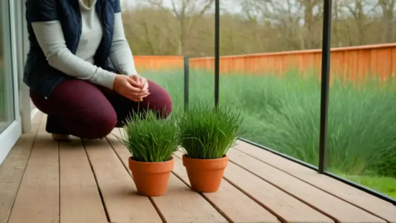 Alguien cuida sus macetas en la terraza
