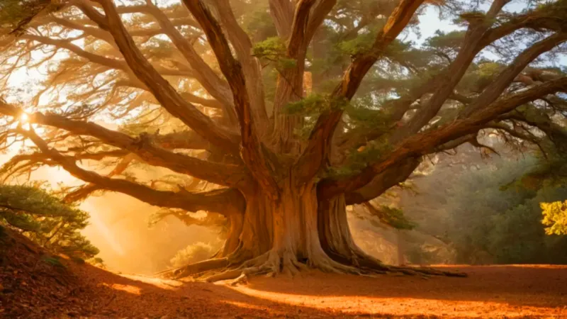 Una figura contempla un cedro al atardecer