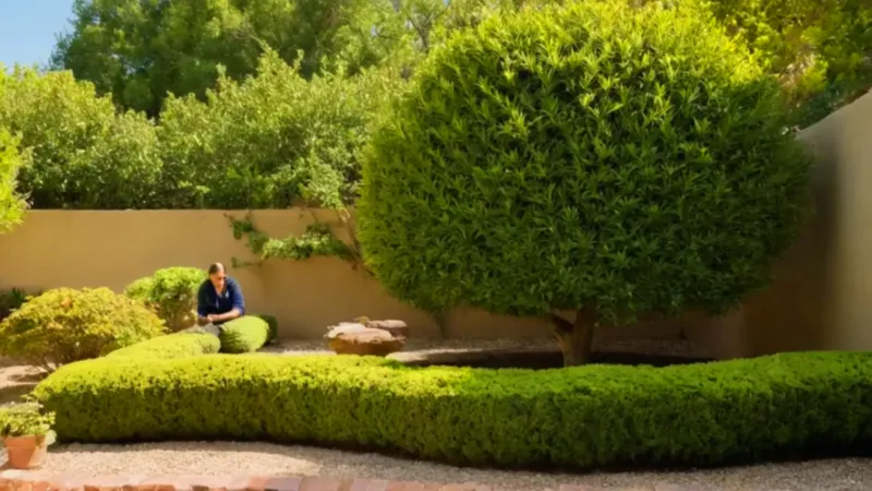 Una persona cuida un jardín soleado