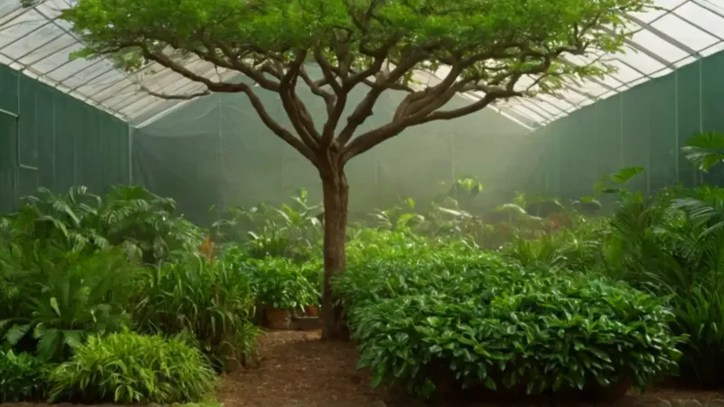Trabajador examina plantas en un vivero