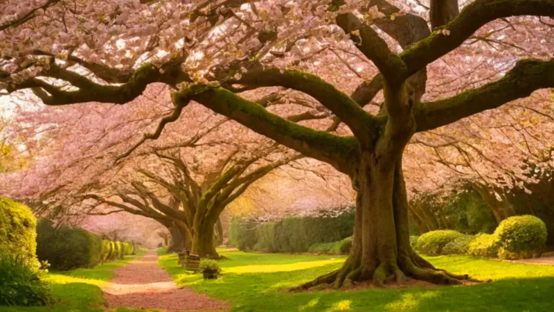 Figura solitaria bajo los cerezos en flor