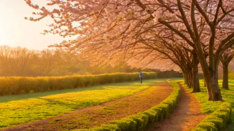 Figura solitaria en un cerezal dorado