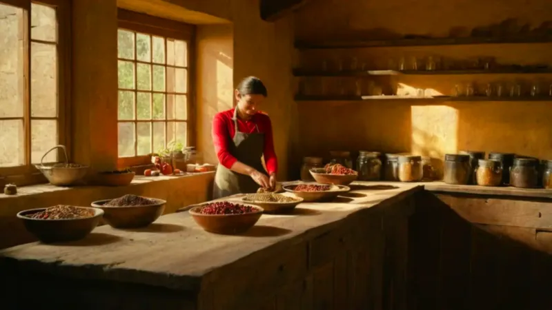 Figura prepara chiles en cocina rústica