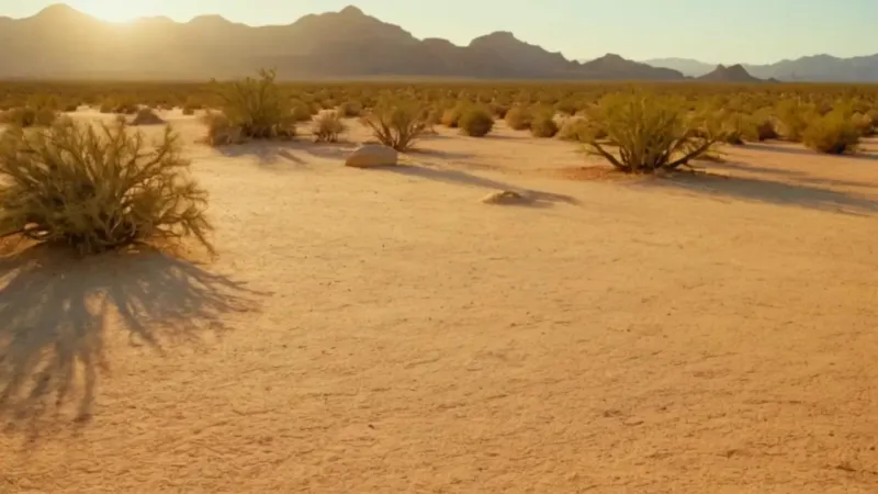 Figura arrodillada en el desierto al atardecer
