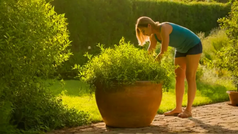 Persona cuida una planta en el jardín