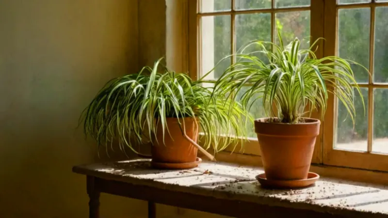 Trasplantando una planta en una mesa soleada