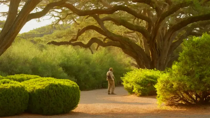 Un jardinero inspecciona un árbol al atardecer
