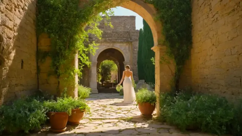 Figura solitaria en ruinas bajo el sol