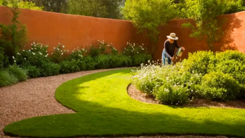 Alguien riega el jardín bajo el sol