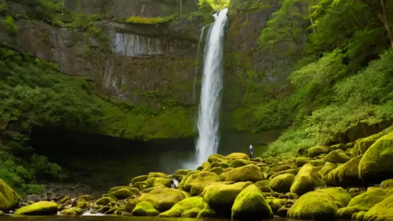 Hombre contempla la cascada en el cañón