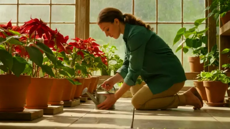 Jardinero inspecciona una flor de pascua