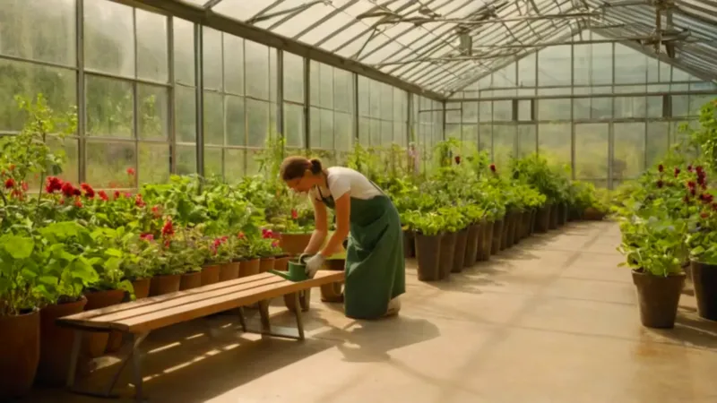 Persona cuidando plantas dentro de un invernadero