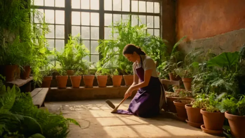 Mujer cuidando plantas en un invernadero