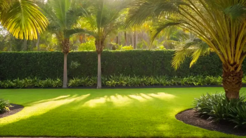 Alguien inspecciona palmeras en un jardín soleado