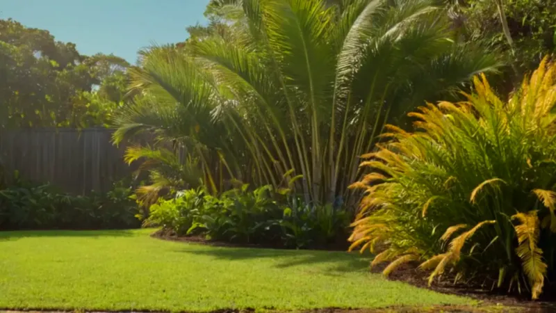 Alguien riega una palmera en el jardín