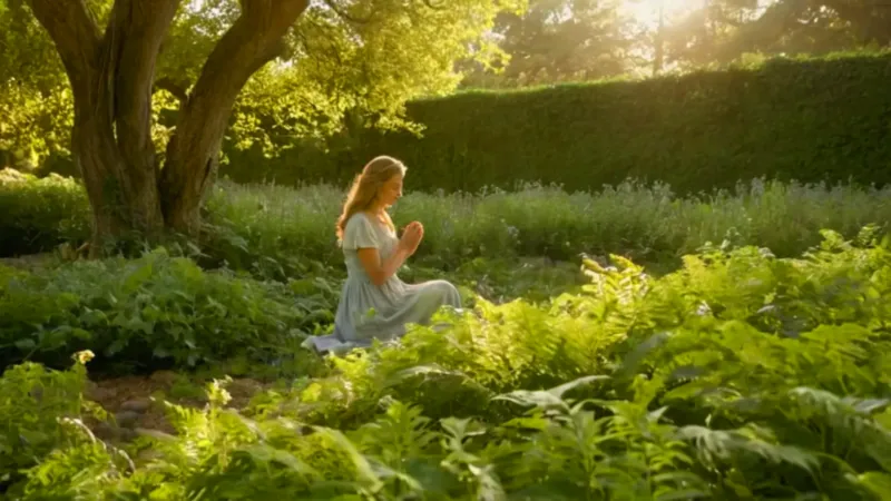 Mujer cosechando en el jardín al atardecer